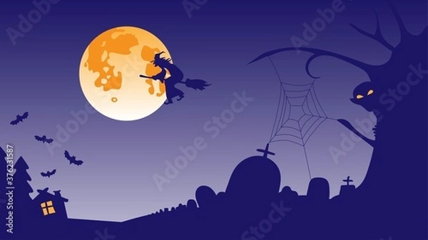 Fototapeta The background screensaver for Halloween. Purple Cemetery, monster, witch on a broom, full orange moon, cobwebs, house with glowing window.