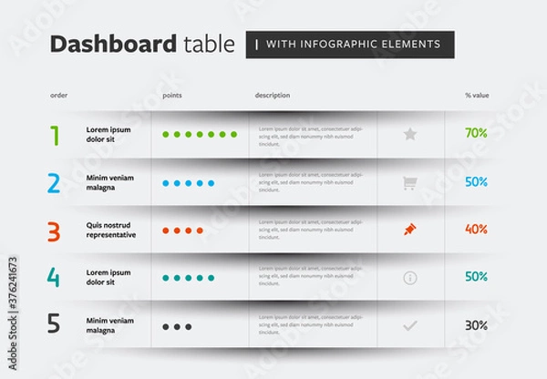 Fototapeta Infographic table layout with circle chart, clean and minimal template with vector shadow elements