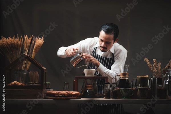 Fototapeta concept of coffee drip filter process with coffeemaker, vintage style cafe
