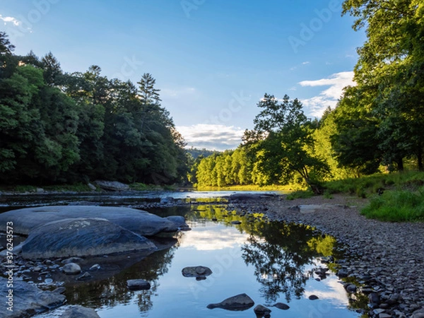 Obraz Clarion River in Cooks Forest State Park in Pennsylvania right before sunset with a soft sky reflecting in the river and the setting sun illuminating the trees in the background.
