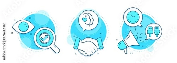 Fototapeta Audit, Heart and Computer cables line icons set. Handshake deal, research and promotion complex icons. Time sign. Arrow graph, Love head, Rj45 internet. Clock. Business set. Vector