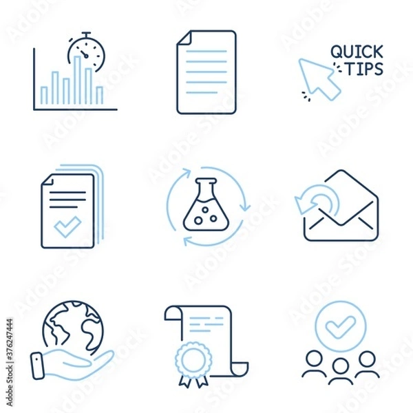 Fototapeta Handout, Quick tips and Chemistry experiment line icons set. Diploma certificate, save planet, group of people. Send mail, File and Report timer signs. Vector