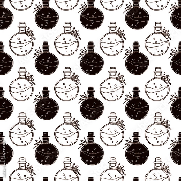 Fototapeta seamless pattern in monochrome colors,  magic drink, bottle with poison, background for wallpaper and fabric, scrapbooking paper