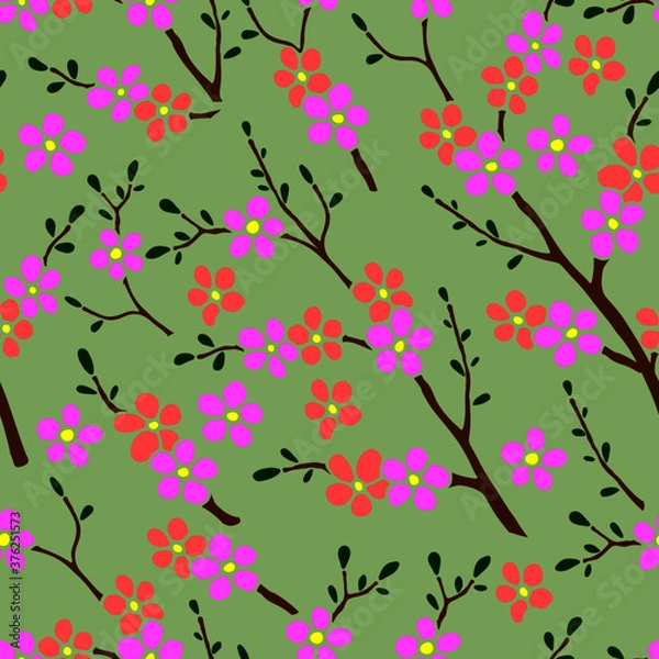 Fototapeta seamless pattern in color, silhouette of sakura branches, ornament for wallpaper and fabric, scrapbooking paper