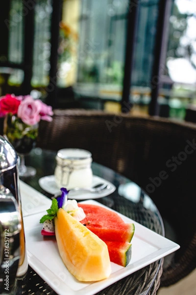 Fototapeta Full American Breakfast Huge healthy breakfast spread on a table with coffee Breakfast served with coffee English breakfast fried egg