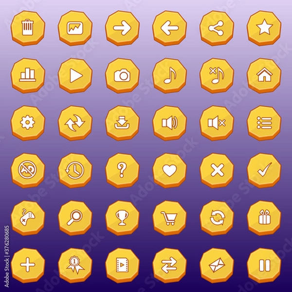 Obraz GUI buttons flat set design deluxe shape for games color yellow. Vector illustrator