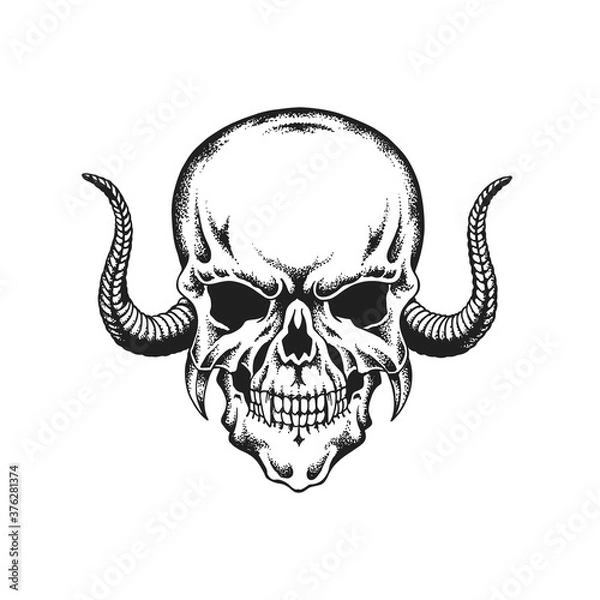 Obraz Horned Devil Skull. Hand Drawn Vector Illustration