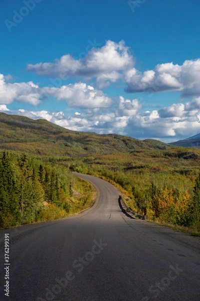 Fototapeta Scenic Road View of Klondike Hwy during a sunny and cloudy day. Taken near Whitehorse, Yukon, Canada.