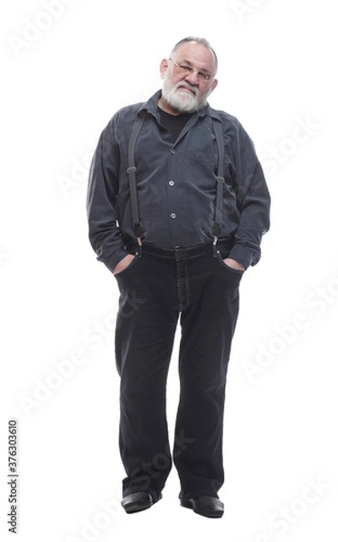 Fototapeta handsome, bearded man in trousers with suspenders. isolated on a white