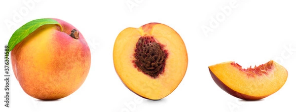 Fototapeta Fresh peaches set isolated. Organic nectarine or peach slice with leaf on white background. Cut out with clipping path