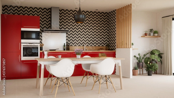 Fototapeta Cuisine rouge avec papier peint noir et blanc vue 3d 02
