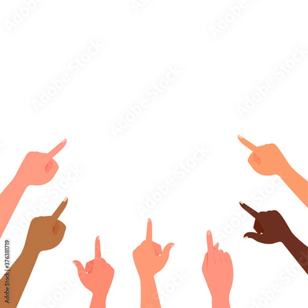 Fototapeta The hands of people of different nationalities point in the same direction towards the center of the background. Concept: blame, pay attention, show, direction. Vector illustration isolated.