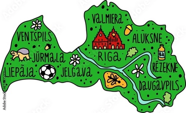 Fototapeta Colored Hand drawn doodle Latvia map. Latvian city names lettering and cartoon landmarks, tourist attractions cliparts. travel, banner concept design. Riga, Ventspils, mail symbols