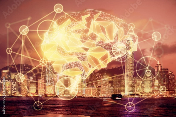 Fototapeta Brain hologram drawing on city scape background Double exposure. Brainstorming concept.
