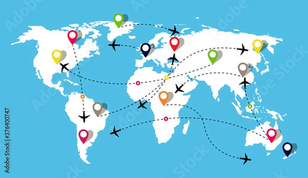 Fototapeta Map with airplanes flight. Travel in world on plane. Route of airline with aeroplane path. Air traffic for delivery from china to us and europe. Tracks of flying and airports for trip plan. Vector
