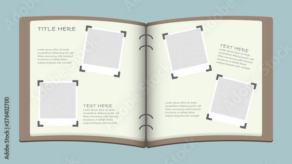 Fototapeta Vector with photos in family photoalbum. Insert photo, images with text and description. 