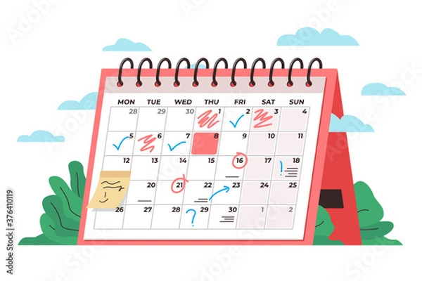 Fototapeta Calendar time management concept. Vector conceptual illustration of a big desk calendar showing monthly schedule with notes and check marks. Concept of time management, monthly schedule, timetable