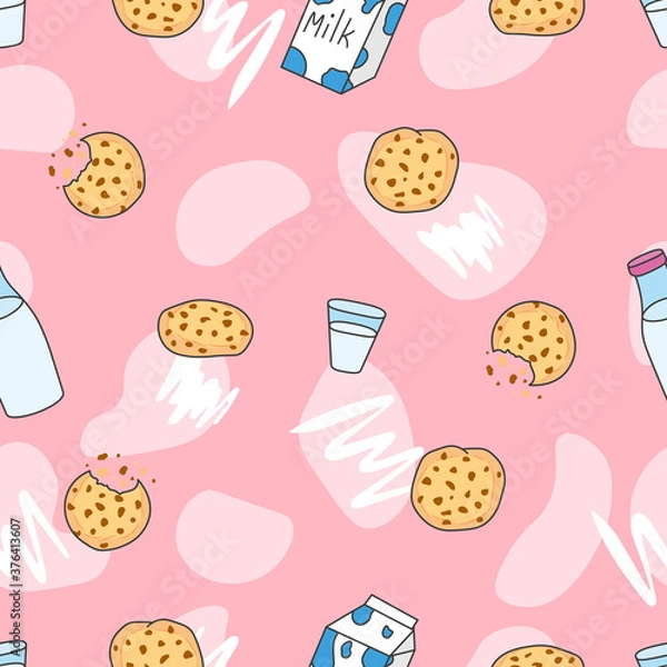 Fototapeta seamless pattern with milk bottle and sweet tasty biscuit cookies with chocolate
pieces, editable vector illustration for food decoration, fabric, textile, paper