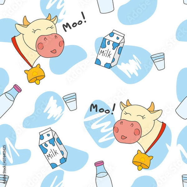 Fototapeta seamless pattern with milk bottle and happy cow on white background, editable vector illustration for food decoration, fabric, textile, paper