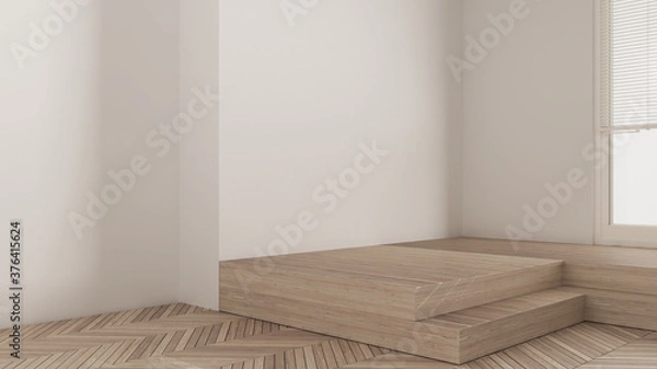 Fototapeta Empty room interior design, open space with herringbone parquet wooden floor, white walls, wooden steps, modern architecture idea