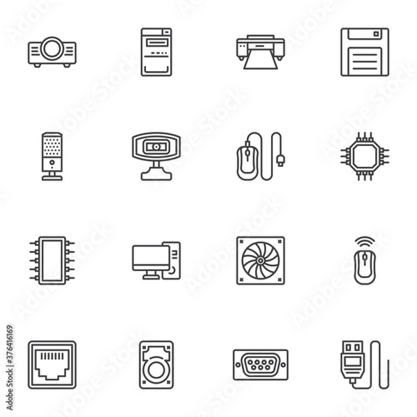 Fototapeta Computer parts line icons set, outline vector symbol collection, linear style pictogram pack. Signs, logo illustration. Set includes icons as computer cooler, microchip processor, pc monitor, mouse