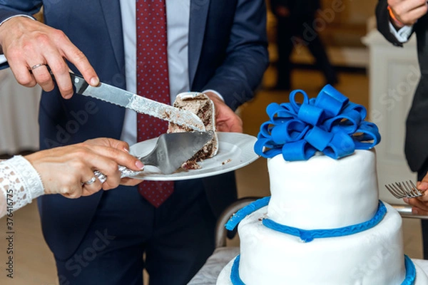 Fototapeta bride and groom on wedding cake