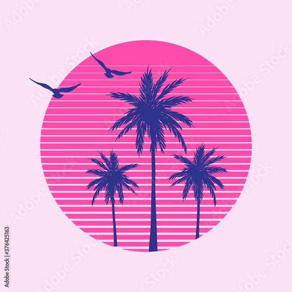 Obraz Ilustracja wektorowa z palmami, zachodem słońca i ptakami do nadruku na koszulce | Letnia grafika Miami Vibes
