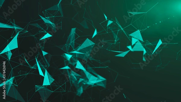 Fototapeta Cyan abstract technology modern background with spotted particles and plexus connected triangle lines. 3D rendering.