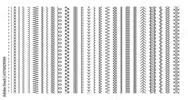 Fototapeta Vector sewing machine stitches. Seamless sewing seam lines pattern for fabric structure. Embroidery cloth edge texture. Stitching seams, stitched sew isolated on white background.  Fashion seam brush