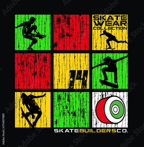 Obraz Vector illustration of geometric shapes and skater silhouettes.