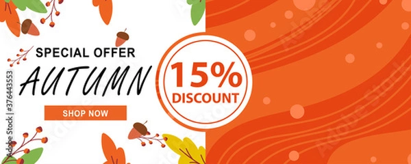 Fototapeta Autumn sale text banners for September shopping promo or autumnal shop discount. Vector maple and oak acorn leaf foliage, mushroom and berry for discount design of leaflet or web banner