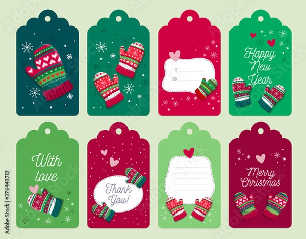Obraz Set of eight Christmas tags collection with mittens and snowflakes. Template for New Year greeting, winter holiday labels, decorations.