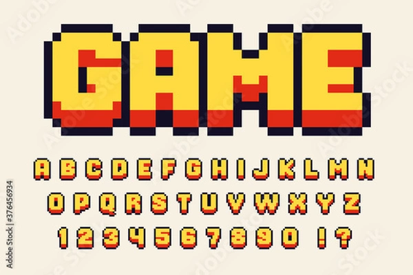 Fototapeta Pixel 3d retro font Projektowanie gier komputerowych 8-bitowych liter i cyfr Alfabet wektorowy