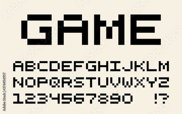 Fototapeta Pixel retro font Video computer game design 8 bit letters and numbers Vector alphabet