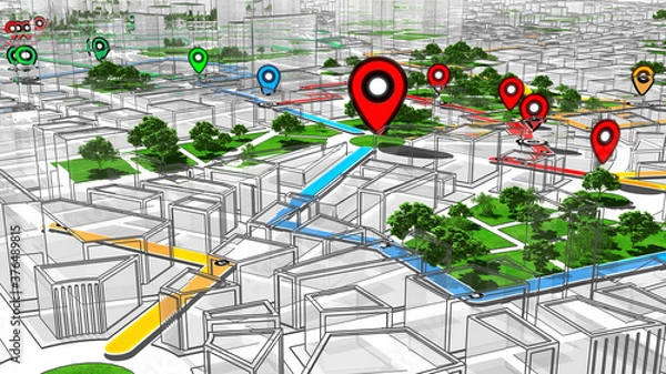 Obraz Localization, GPS Navigation, Path Finding in the city. Routing. 3D Rendering.