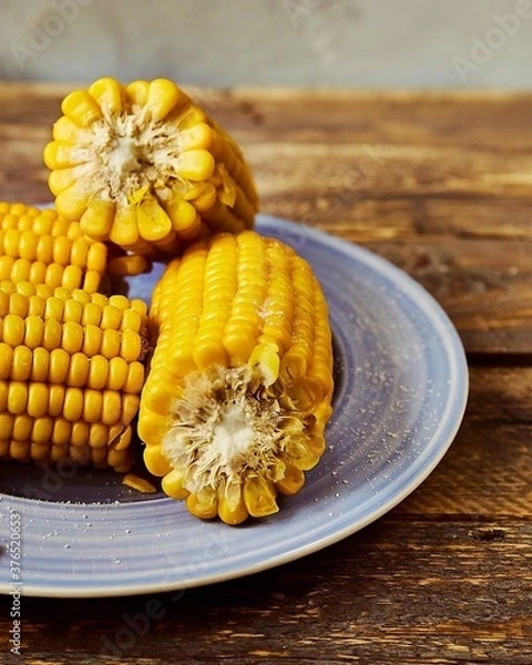 Fototapeta on a wooden table in a plate is boiled corn
