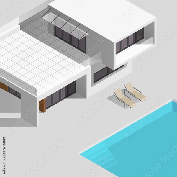 Fototapeta Smart modern home 3d icon. Isometric white house with pool and lounge deck chair. 3D illustration