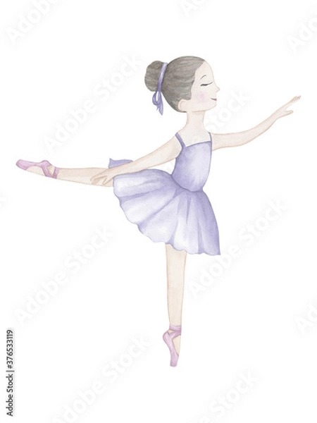 Obraz Urocza baletnica w liliowej spódniczce tutu. Akwarela rysunek na białym tle