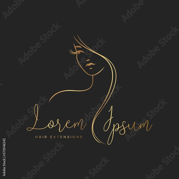 Fototapeta Logo do przedłużania włosów w kolorze złotym. Elegancka sylwetka dziewczyny z długimi włosami na czarnym tle