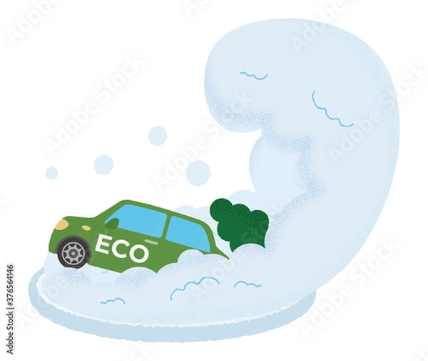 Fototapeta 雪崩の被害に遭う緑色のエコカーのベクターイラスト