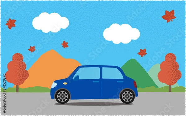 Fototapeta 秋、山沿いの道を進む青い自動車のベクターイラスト