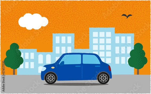 Fototapeta 夕方、都市の道路を進む青い自動車のベクターイラスト