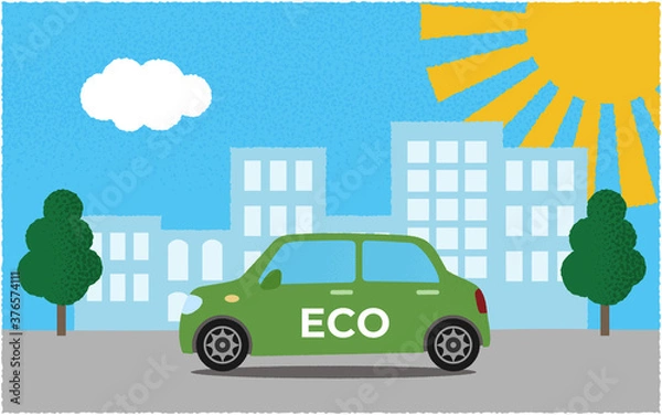 Fototapeta 炎天下、都市の道路を進む緑のエコカーのベクターイラスト