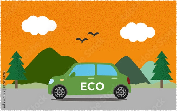 Fototapeta 夕方、山沿いの道を進む緑のエコカーのベクターイラスト
