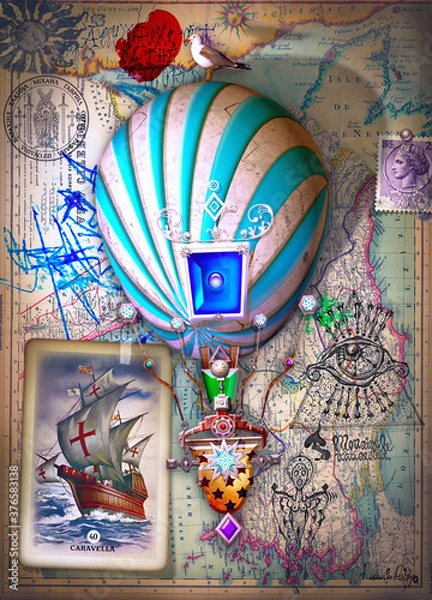 Fototapeta Podróżuj balonem. Surrealistyczny i steampunkowy balon ze starymi dokumentami, rysunkami i mapami