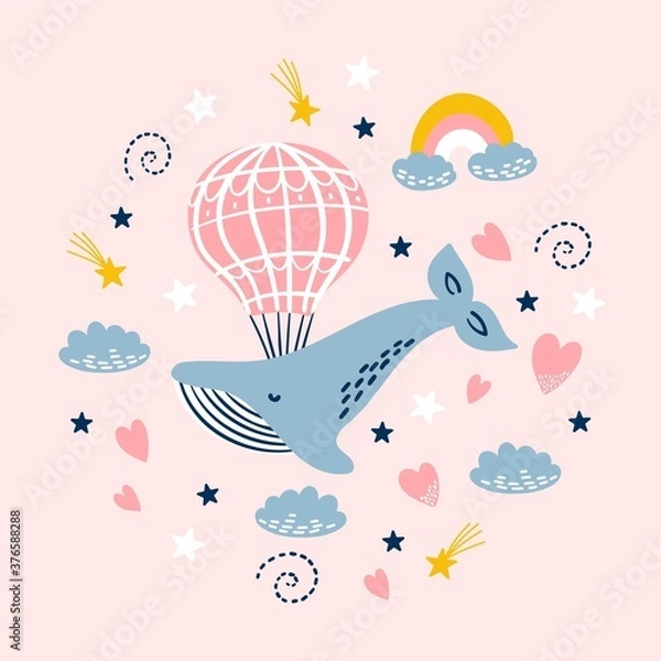 Fototapeta Cute whale with rainbow, cloud and stars.