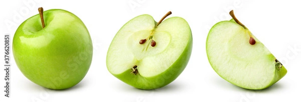 Obraz Green apple isolate. Apples on white background. Whole, half, slice green apple set with clipping path.