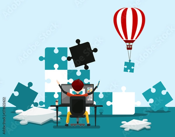 Fototapeta Freelancer Solving Puzzle with Jigsaw Pieces. Happy Man Holding Pencil Sitting on Office Chail with Computer on Table Vector Business Concept. Programmer or Graphic Designer Cartoon.