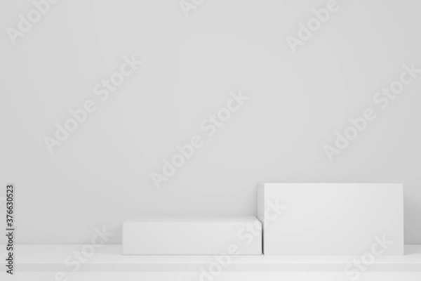 Fototapeta 3d illustration with geometric three step white cube podium platform for cosmetic product presentation.Mock up design empty space. Abstract composition in background modern style