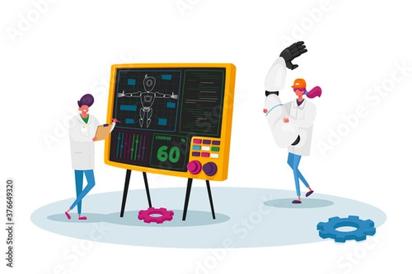 Fototapeta Engineers Create Robot. Artificial Intelligence Futuristic Innovative Mechanism Technology. Scientist Paint Robot